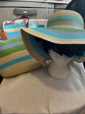 Beautiful Striped Wide-Brim Straw Sun Hat - Aqua, Green, Natural